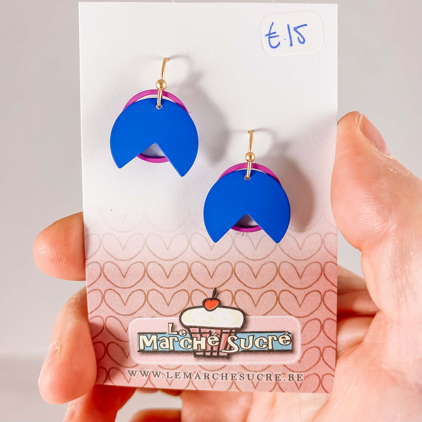 Le marché sucré: oorbellen goud, blauw en felpaars