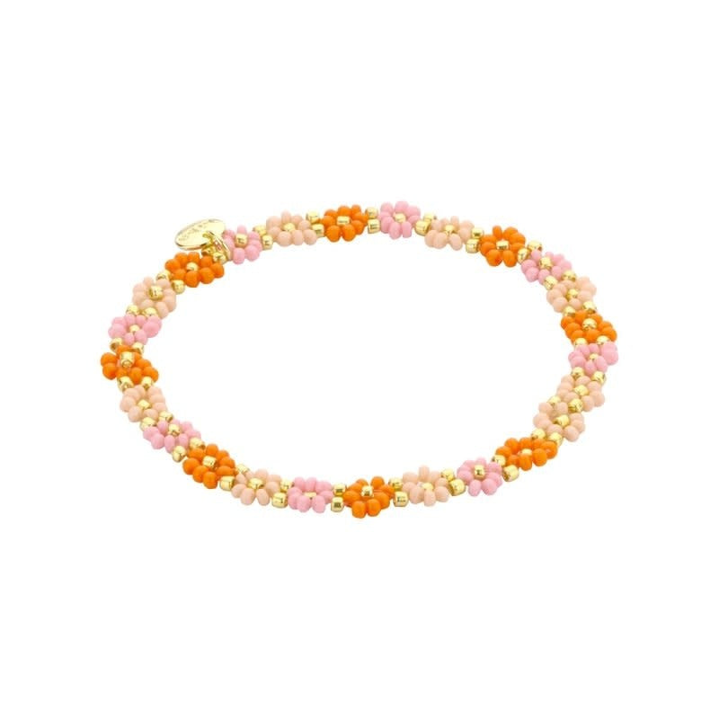 Biba: Armbandje bloemetjes - ecru, lichtroze en oranje