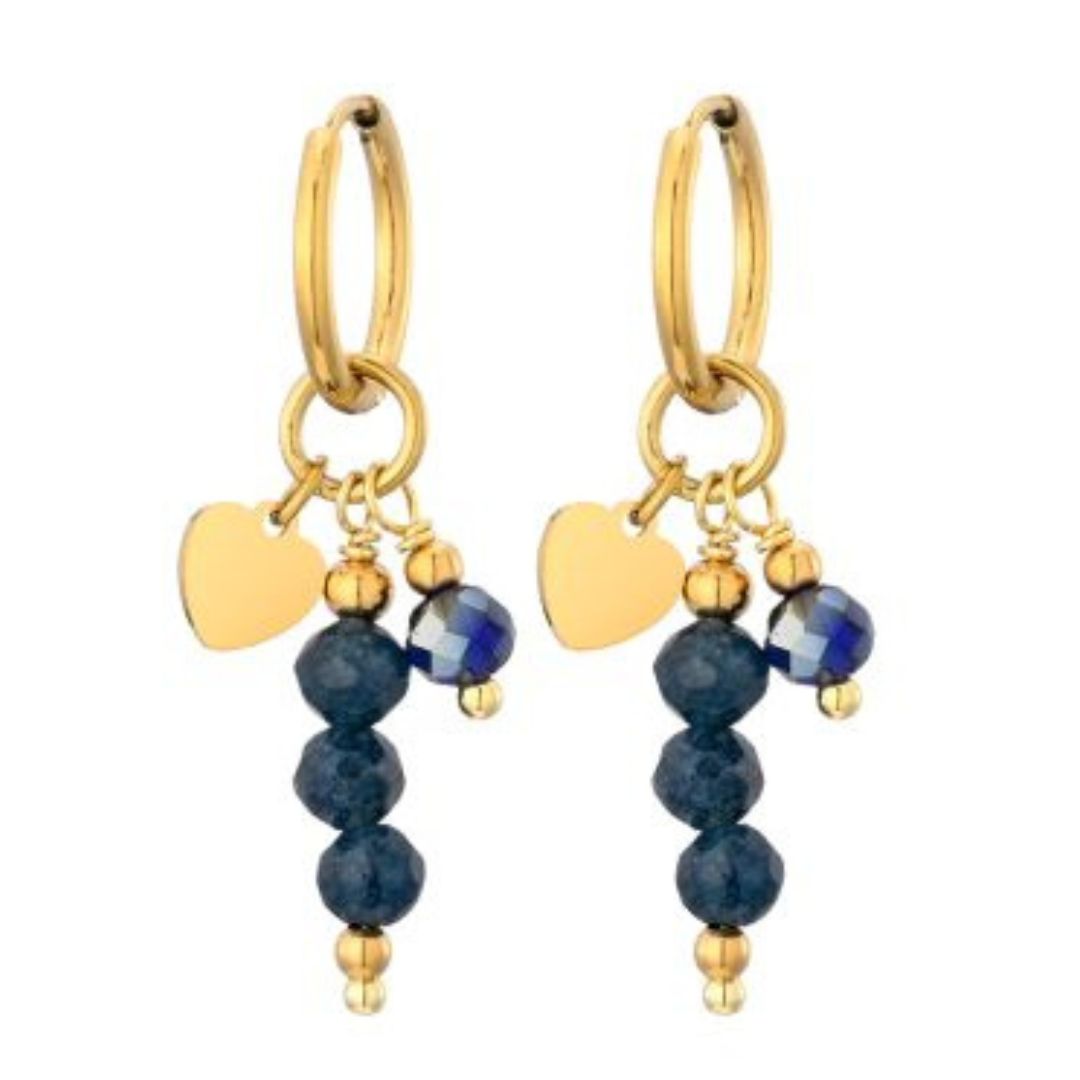 Sweet7: Oorbellen met hartje en blauwe kralen in stainless steel - goud