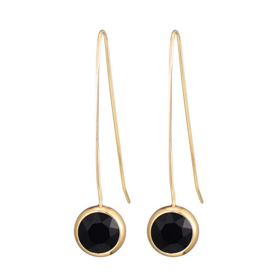 Sweet7: Lange oorhangers met zwart glaskristal - goud