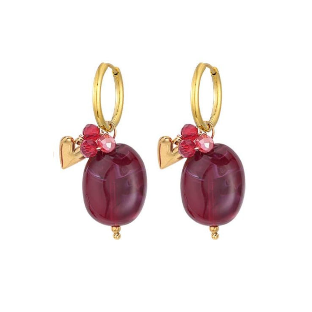 Sweet7: Oorbellen met ovale hanger en hartje - goud/bordeaux