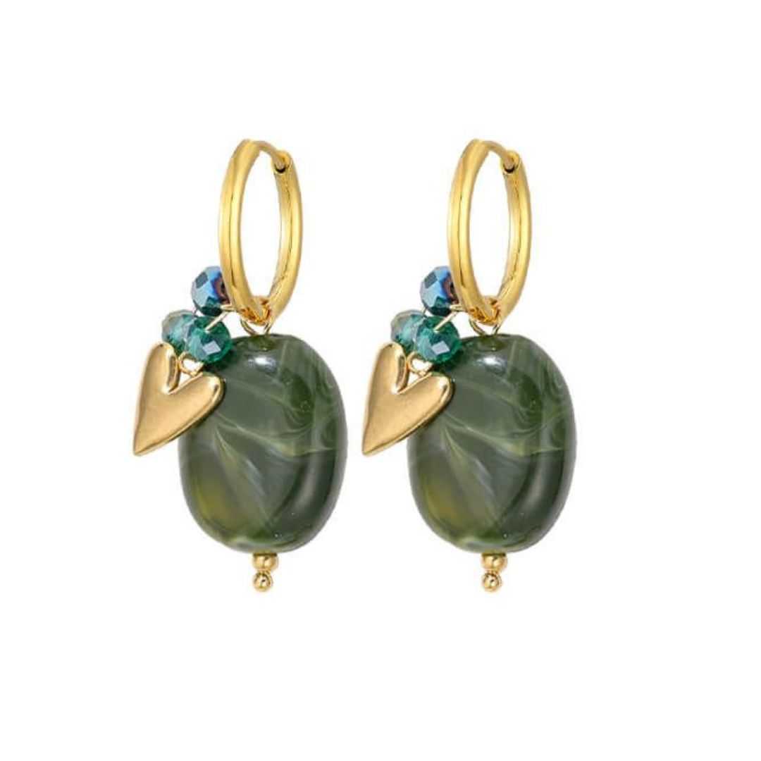 Sweet7: Oorbellen met ovale hanger en hartje - goud/groen