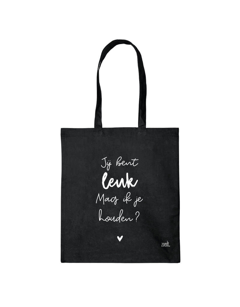 zoedt Zwarte katoenen tas met tekst 'Jij bent leuk mag ik je houden'