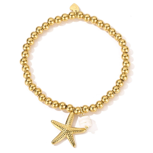 Kannai: Elastische armband met zeester hanger in stainless steel - goud