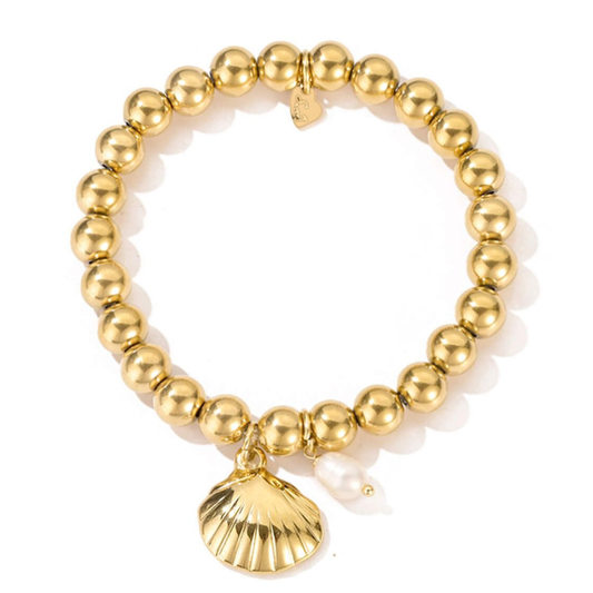 Kannai: Elastische armband met schelp hanger in stainless steel goud