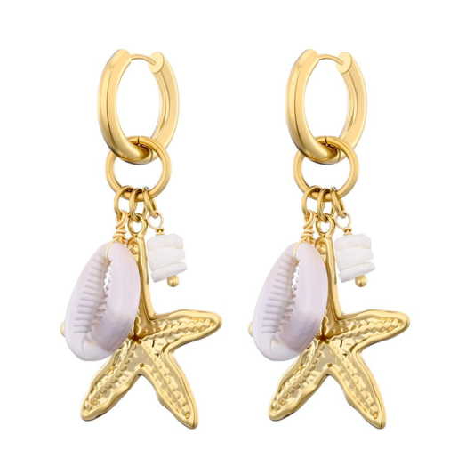 Kannai: Oorbellen met zeester en schelp in stainless steel - goud