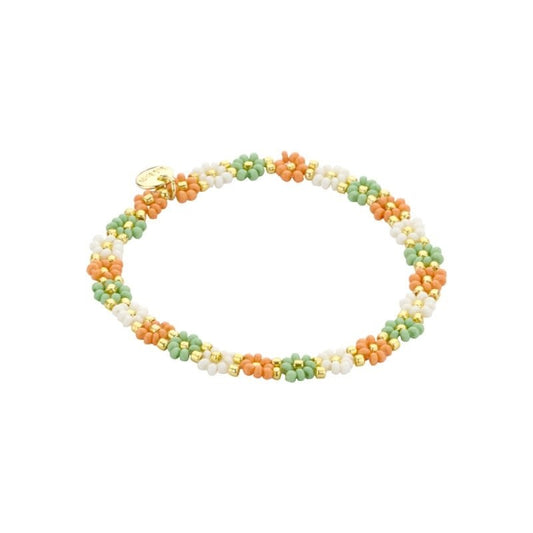 Biba: Armbandje bloemetjes - ecru, lichtgroen en zalm