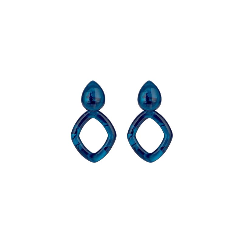 Oorbellen met open ruit in resin - blauw