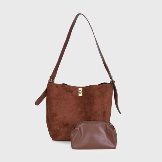 Shopper met etui in suède look - bruin