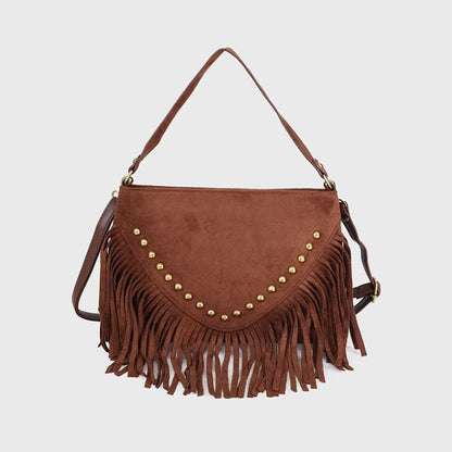 Handtas met franjes en studs - bruin