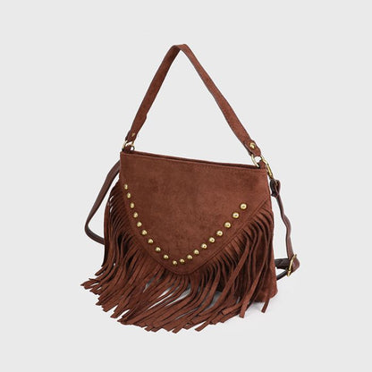 Handtas met franjes en studs - bruin