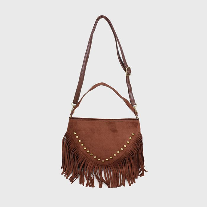 Handtas met franjes en studs - bruin