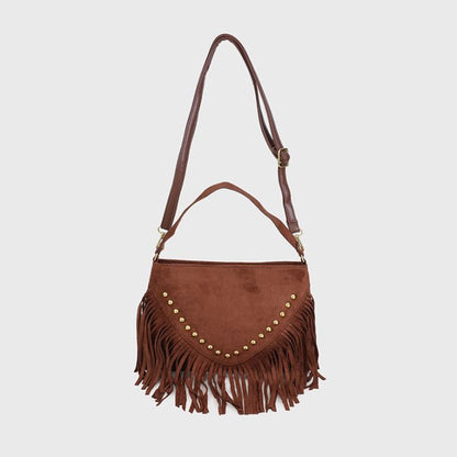 Handtas met franjes en studs - bruin