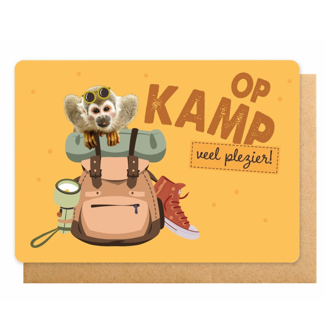 Dubbele wenskaart kamp - Op kamp • veel plezier!