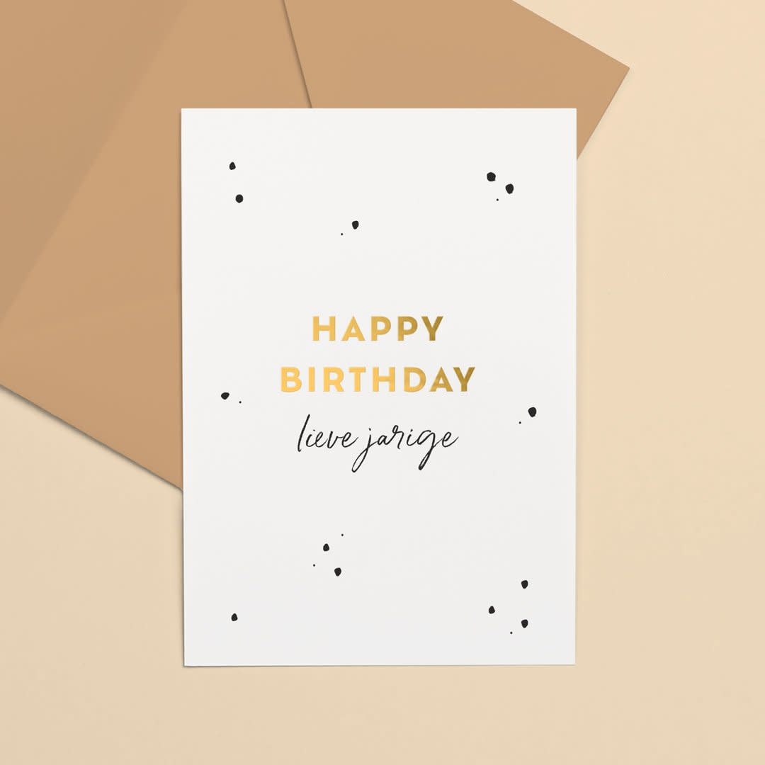 Letters and Lines: kaart a6 goudfolie - happy birthday lieve jarige