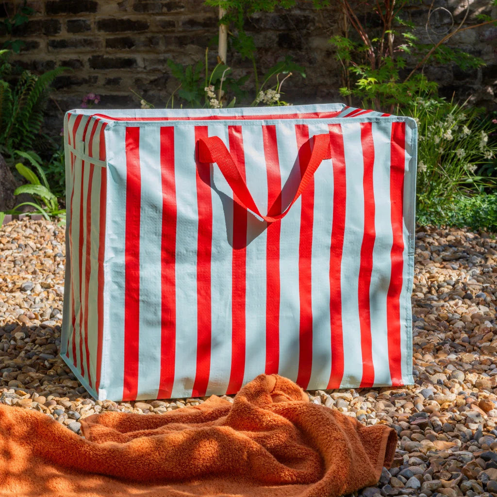 XL zak met rits | rood licht blauwe strepen