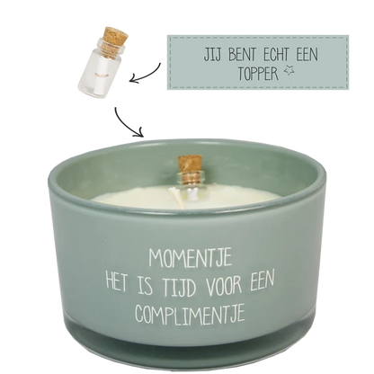 My flame: Flessenpost kaars - momentje. het is tijd voor een complimentje - minty bamboo
