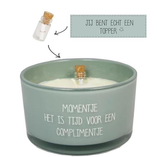 My flame: Flessenpost kaars - momentje. het is tijd voor een complimentje - minty bamboo