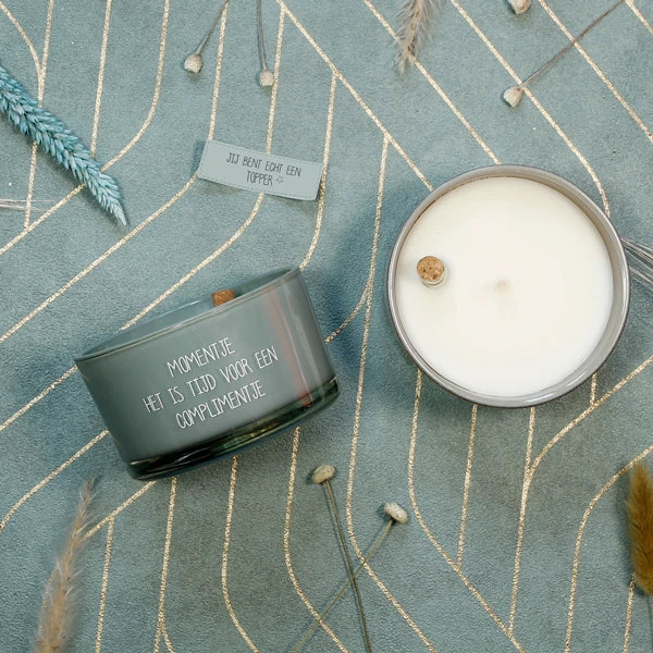 My flame: Flessenpost kaars - momentje. het is tijd voor een complimentje - minty bamboo
