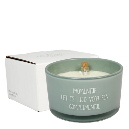 My flame: Flessenpost kaars - momentje. het is tijd voor een complimentje - minty bamboo