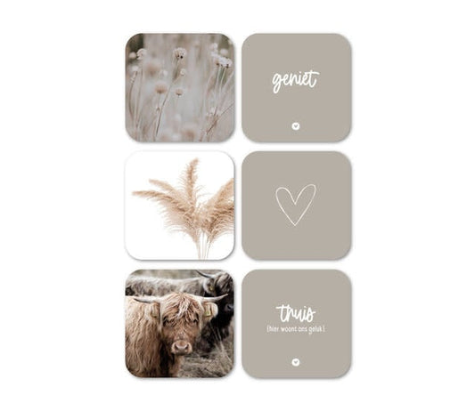 Zoedt: Set van 6 vinyl onderzetters - beige met teksten en foto's