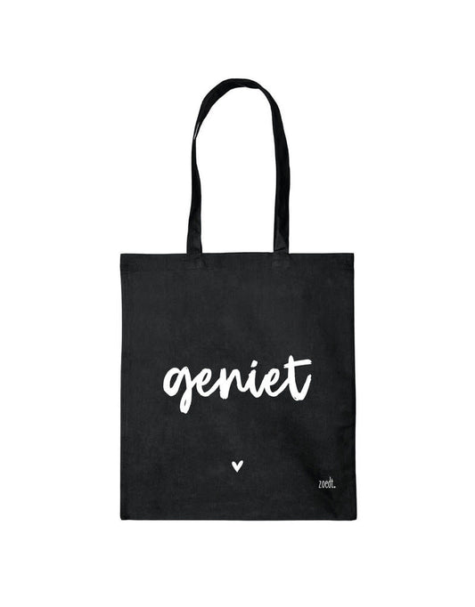 Zoedt: Zwarte katoenen tas met tekst 'Geniet'