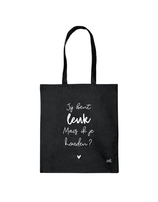 zoedt Zwarte katoenen tas met tekst 'Jij bent leuk mag ik je houden'